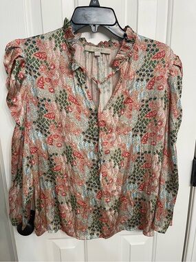 LOFT Pink and Cream Floral Ruffle-Neck Blouse